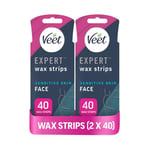 Veet Expert Cold Wax Strips, Hair Removal, Face, Sensitive Skin, 40 Strips each, 4 Finish Wipes, with Almond Oil, Pack of 2