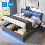 Lit coffre 160 x 200 cm, lit adulte, usb (prend en charge le chargement sans fil et filaire), led, lit double, pu, sans matelas, gris