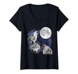 Womens 3 Wolf Howling At The Moon Wolves Howling Moon Wildlife V-Neck T-Shirt