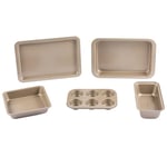 Salter BW12603GEU7 Bakes 5 Piece Bakeware Set – Non-Stick Coated Roaster, Baking Tray, Square Pan, Loaf Tin, Muffin Tray, Oven Safe Up to 220°C, PFOA-Free, for Cake/Cookies/Bread/Muffins, Gold