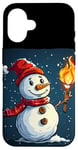 Coque pour iPhone 16 Bonhomme de neige amusant avec torche pour aventures garçons et filles