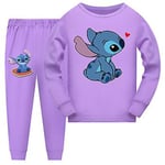 Disney Stitch Pyjamas Set för Barn, Cartoon T-shirt och Byxor 2-delad Pyjamas för 9-14 år, Pojkar Flickor Sleepwear PJ Present (11-12 År Lila)