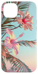 iPhone 14 Plus Palm Tree Hibiscus Sunset on the Beach Light Blue Case