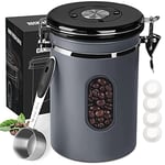 1500ML Airtight Coffee Canister with Date Tracker and Transparent Window, 18OZ Coffe Beans Storage with 30ML Measure Spoon&4 co2 Valve, Coffee Container for Grounds Coffee, Beans, Tea, Sugar, Flour