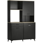 Homcom - Buffet haut design industriel multi-rangement - 3 portes avec étagère, tiroir, niche, grand plateau - piètement métal noir aspect chêne clair