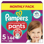 Pampers Premium Protection Nappy Pants Size 5, 144 Nappies, 12kg-17kg, Monthly Pack, With 360° Fit and Ultra-Soft Materials for Our Best Comfort & Protection