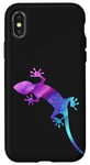 Coque pour iPhone X/XS Bleu Violet cyan lézard gecko fond noir amoureux des animaux