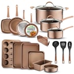 Nutrichef 20 Piece Pots and Pans Set, Bakeware and Cookware Set, Induction Hob Pots Set w/Lids, Non Stick Set, Heat Safe Silicone Handles, Saucepan, Frying Pans, Muffin Tin, Cookie Tray, Utensil-Gold