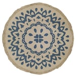 Tapis déco rond Mandala en coton finition frange  bleu Diamètre 90cm