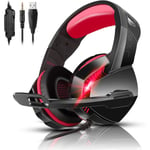 PS4 Spelheadset med 7.1 Surroundljud, PC-headset med brusreducerande mikrofon & LED-lampa, H3 Öronmuffar för Nintendo Switch, PS5, Xbox On Black Red