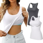 V FOR CITY Womens Supersoft Vest Tops Shelf Bra Workout Vest Stretchy Sleeveless Undershirt Top 2 Pack Gray/White S