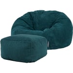 Pouf Classique en Velours Côtelé Kingston, Fauteuil Pouf pour Adultes, 85cm x 85cm x 50cm, Vert Sarcelle, oeko-tex - Icon