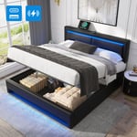 Lit coffre 160 x 200 cm, lit adulte, usb (prend en charge le chargement sans fil et filaire), led, lit double, pu, sans matelas, noir