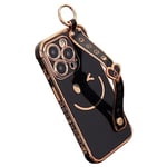 iPhone 13 promax Case 6.7 Inch with Strap, Hosgor Electroplated Heart Design with Armband Kickstand Luxury Black Gold Soft TPU Shockproof Smile Face Aesthetic Phone Case (Black)