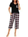 iClosam Pyjama Femme Été en Coton Pyjama Femme Court à Carreaux Pyjama Femme avec T-Shirt Manche Courte et Pantalon Capri Ensemble de Pyjama Femme 2 Pièces S-XXL