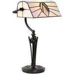 Tiffany Glass Table Lamp Bankers Desk Light Dark Bronze & Cream Shade i00172