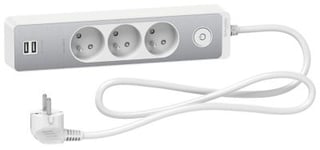 Multiprise 3 prises + 2 usb Schneider Electric Odace blanc finition aluminium brossé 1.5 m