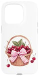 Coque pour iPhone 15 Pro Noeud coquette rose sur un panier en osier avec cerises