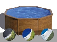 Kit piscine acier aspect bois Gré Pacific ronde 3,70 x 1,22 m + Bâche d'hivernage + Bâche à bulles + Tapis de sol