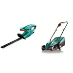 Bosch EasyHedgeCut 12-35 Cordless Hedge Cutter with 12 V Lithium-Ion Battery, 350 mm Blade Length, 15 mm Tooth Opening & Bosch Rotak 32R Electric Rotary Lawnmower with 32 cm Cutting Width
