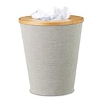 Relaxdays Corbeille à papier en bambou poubelle ronde seau intérieur plastique couvercle bureau 35 cm, nature, gris