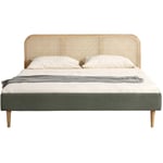 Homifab - Lit adulte 140x190 cm en velours côtelé vert kaki avec tête de lit en cannage - Dalia