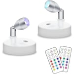 2-pack Trådlösa RGB LED-spotlight, Batteridrivna Accentlampor, Dimbara Mini Inomhus Pucklampor med Fjärrkontroll, 4000K Varmvit, Klistra fast