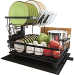 Boosiny 2 Tier Dish Drainer, Dish Drainer Rack for Kitchen Counter, Stainless Steel Dish Rack with Swivel Drainage Spout, Utensil Holder, Cup Holder, Cutting-Board Holder and Drying Mat