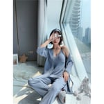 QYV 3 piece Set Winter Long Sleeve Pajama Set Woman Pure Cotton Thicken Lace Cardigan Trouser Set Sleepwear|Pajama Sets,Grey,M