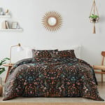 Boho Bohemian Farmhouse Black and Orange Wildflower Garden Floral Duvet Comforter Cover and Sham 3 pc King Size Bed Bedding Set Bedroom Aesthetic Botanical Cottagecore Flower Print Vintage Turquoise