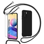 Pnakqil Coque Compatible avec Xiaomi Poco M3 Pro/Redmi Note 10 5G avec Cordon,avec 1 x Verre trempé Protecteur d'écran,Collier pour Étui Colliers de cellulaire Réglable Lanyard Case givré,Noir