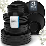 24 Piece Black Dinner Sets for 6 People - Cool Urban Style Stoneware Dinner Set for 6 - Dishwasher & Microwave Safe Plates and Bowls Set for 6 - Dinnerware Sets by Pure Living in Matte Black