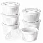 DOWAN Ramekins with Lids, 8 OZ Porcelain Ramekin Dishes for Creme Brulee Soufflé, Egg Mould, Muffin Cases, Mini Dip Bowl, Baking Bowl for Oven & Air Fryer, Classic White, Pack of 6