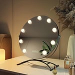 EMKE Hollywood - Miroir Rond de 40 cm avec 3 Couleurs de lumière à intensité Variable - avec éclairage Rotatif à 360 ° - 9 Ampoules LED - Fonction mémoire - pour Coiffeuse - Noir