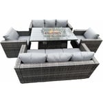 8 places extérieur pe rotin meubles de jardin foyer à gaz table à manger ensemble canapé salon 2 pc fauteuil gris foncé hybride terrasse - Fimous