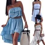 Womens Plain Strapless Bandeau Tops Dress Summer Casual Ruffle A-line Sundress