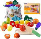 HVDHYY Jouets en Bois Fruits et Légumes Decouper Aliment de Cuisine Jeux de Simulation de Nourriture Journée des Enfants Cadeau d'anniversaire Enfant 2 3 4 5 Ans avec Un Sac de Rangement