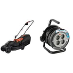 BLACK+DECKER Tondeuse Filaire 1000W, Tondeuse à Gazon Electrique 32 cm & Electraline 208612 Rallonge Prolongateur électrique 15 m avec enrouleur 4 Prises 16 A section 3G1,5 mm² Gris