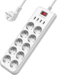 Multiprise Electrique (16A/4000W) Multiprise 10 Prises Avec 4 Ports Usb(3.1A/15.5W) Protection Contre Les Surintensités Et Les Surtensions,Montage Mural,Câble 2M (Blanche)