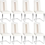 Skecten - Lot de 8 Chaises de Salle à Manger ou Cuisine avec Assise Rembourrée et Piètement Chromé (Blanc+Beige)