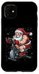 Coque pour iPhone 11 Père Noël sur vélo d'appartement, gym, fitness, entraînement, Noël, neige