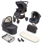 BABYGO Poussette 3 en 1 Styles – Accessoire de sport et baignoire séparés et siège auto – Sac à langer/housse de pluie/matelas – Noir/or rose