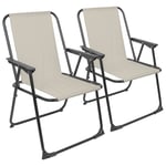 2x Matt Black/Beige Folding Metal Beach Chairs Portable Outdoor Camping Fishing