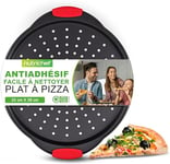 NutriChef Plaque Pizza,Moule à Pizza Antiadhésif, Plat Rond en Acier Perforé, Poignée en Silicone et Poignée Surdimensionnée,Plat pour Four, Passe au Lave-vaisselle, Noir