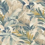 Rasch Papier peint intissé 865202 - Clair - Avec feuilles de palmier - Beige, vert et bleu - Jungle - Avec palmiers - Rouleau Tapisserie - 10,05 m x 0,53 m (L x l)