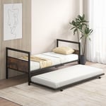 Lit Gigogne 90 x 200 cm, Lit Simple en Métal avec roulettes, Cadre de Lit Plateforme avec Tête et Pied de Lit, Lattes en Métal, pour Chambre