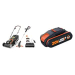 Worx Twin Pack Cordless Lawnmower and String Grass Trimmer Combo Kit Set WG927E & WA3551.1 2.0Ah Battery Pack, 18V (20V Max)