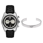 Emporio Armani Men's Black Leather Watch and Silver-Tone Stainless Steel Bracelet, Set