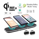 3 in1 Charger Stand/Triple Charging Pad/Qi Fast Multi Wireless Charging Docking Station/2 USB Charging/Charger Base Ultra Slim for iPhone Samsung Galaxy all QI-Enabled,Black