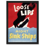 War World WW2 USA Loose Lips Sink Ships A4 Artwork Framed Wall Art Print